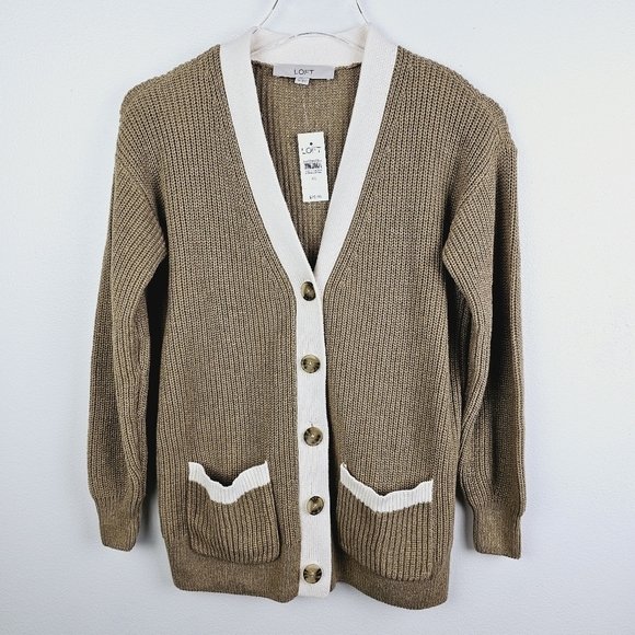 Loft #592073 Tipped Boyfriend Sweater Cardigan NWT Tan/Brown and Cream, size XS - Picture 4 of 11